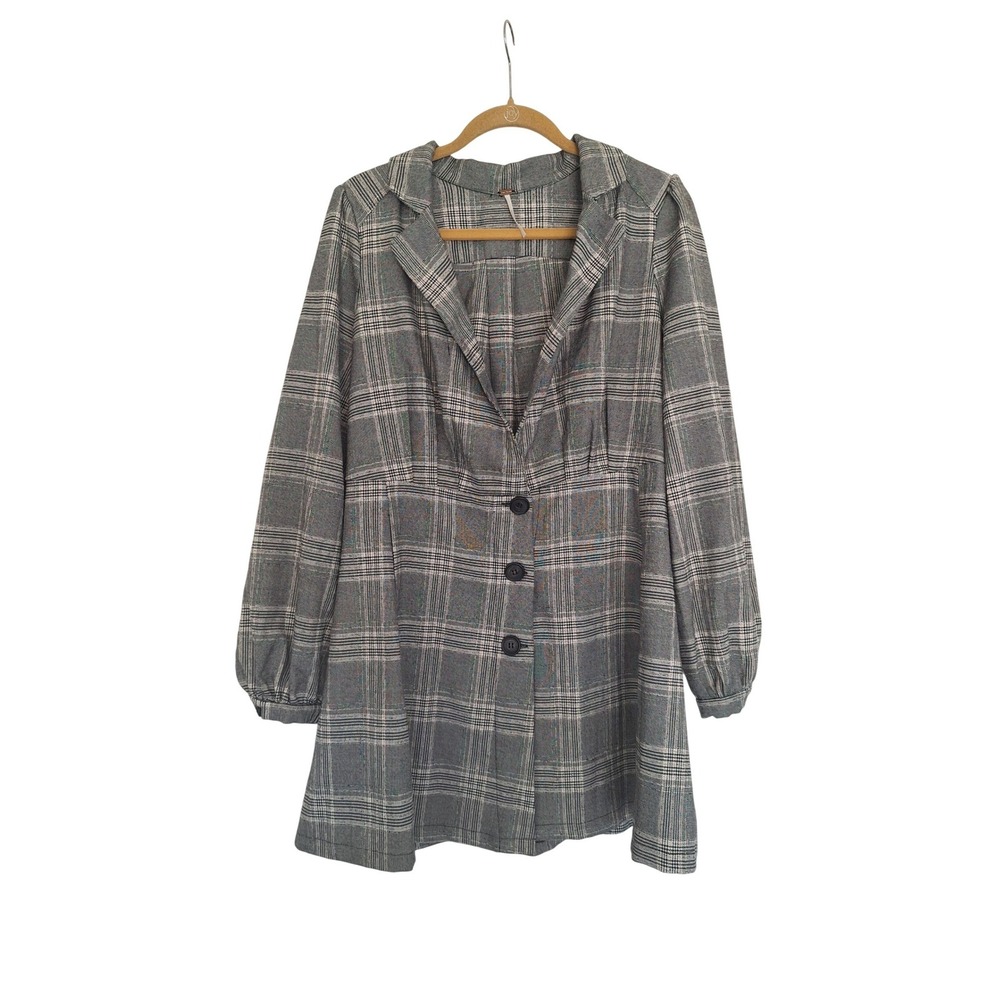 Free People Grey Glen Plaid Blazer Mini Dress Long Sleeve Empire Waist Size 6